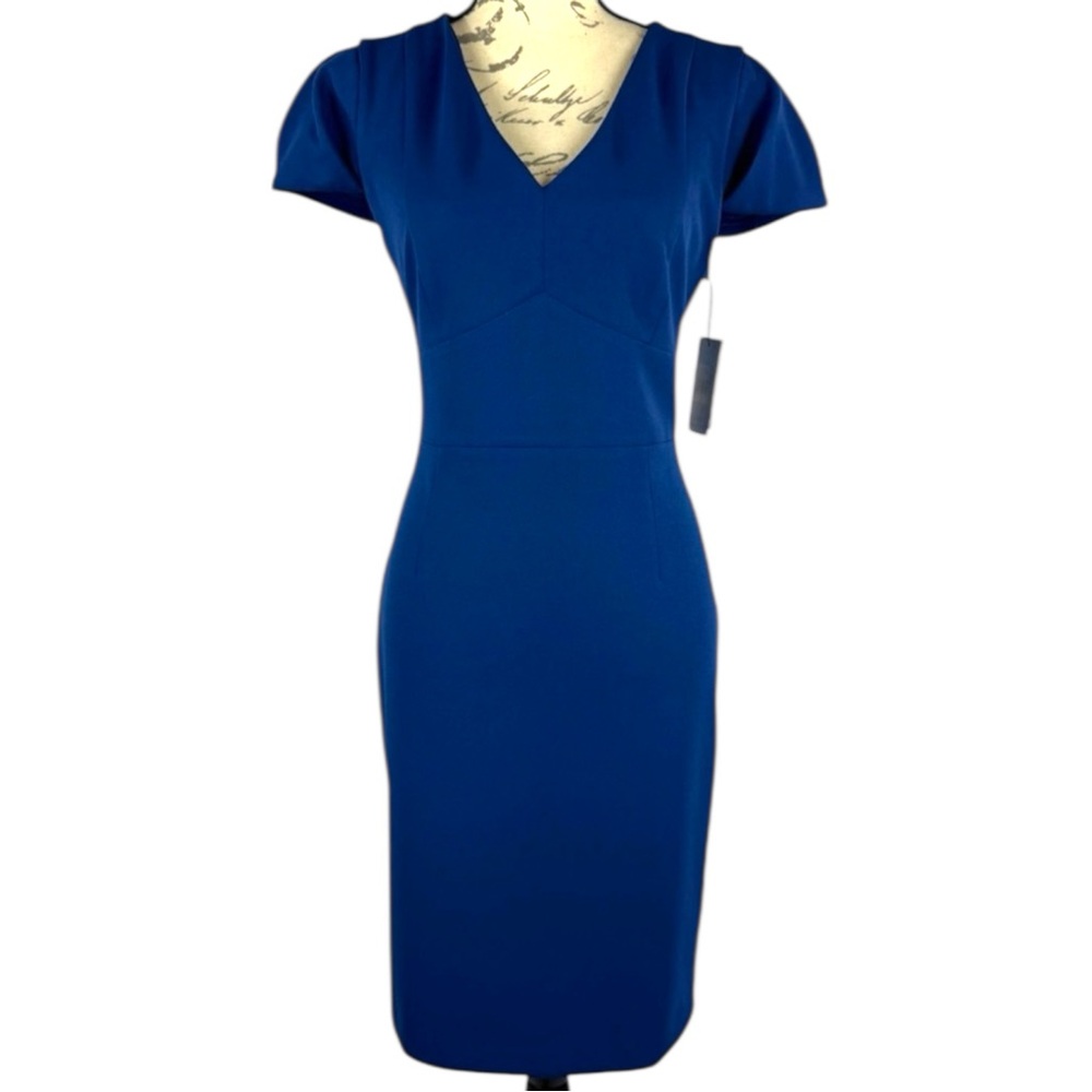 NWT DKNY Womens V-Neck Petal Short Sleeve Midi Dress Navy Blue